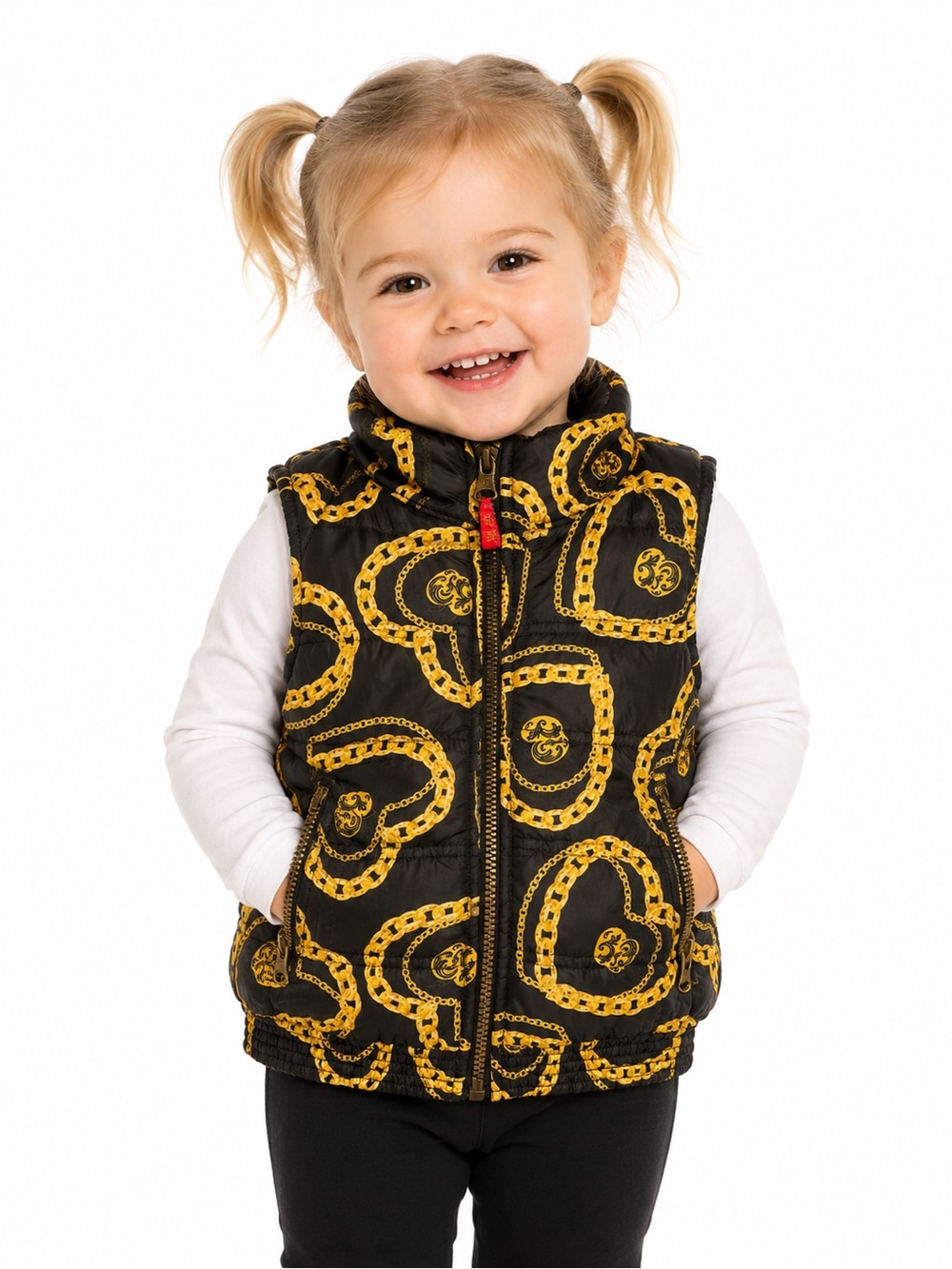 Apple Bottoms Girls Size 3T Black & Gold Printed Puffer Vest
